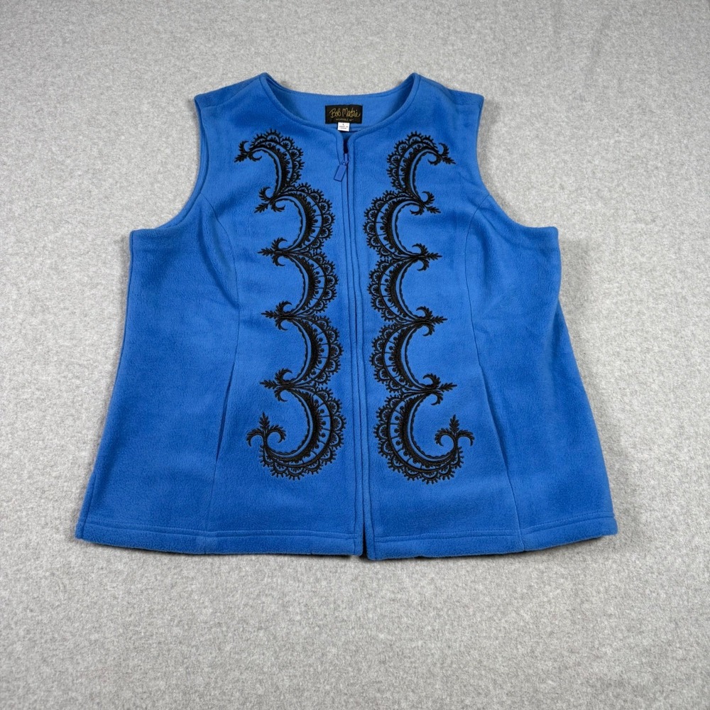 Bob Mackie Wearable Art Blue Fleece Vest Black Scroll Embroidery Zip Up Large